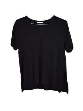 Zara Tee S Womens Black V Neck Slits Short Sleeve Viscose Blend Textured Comfort